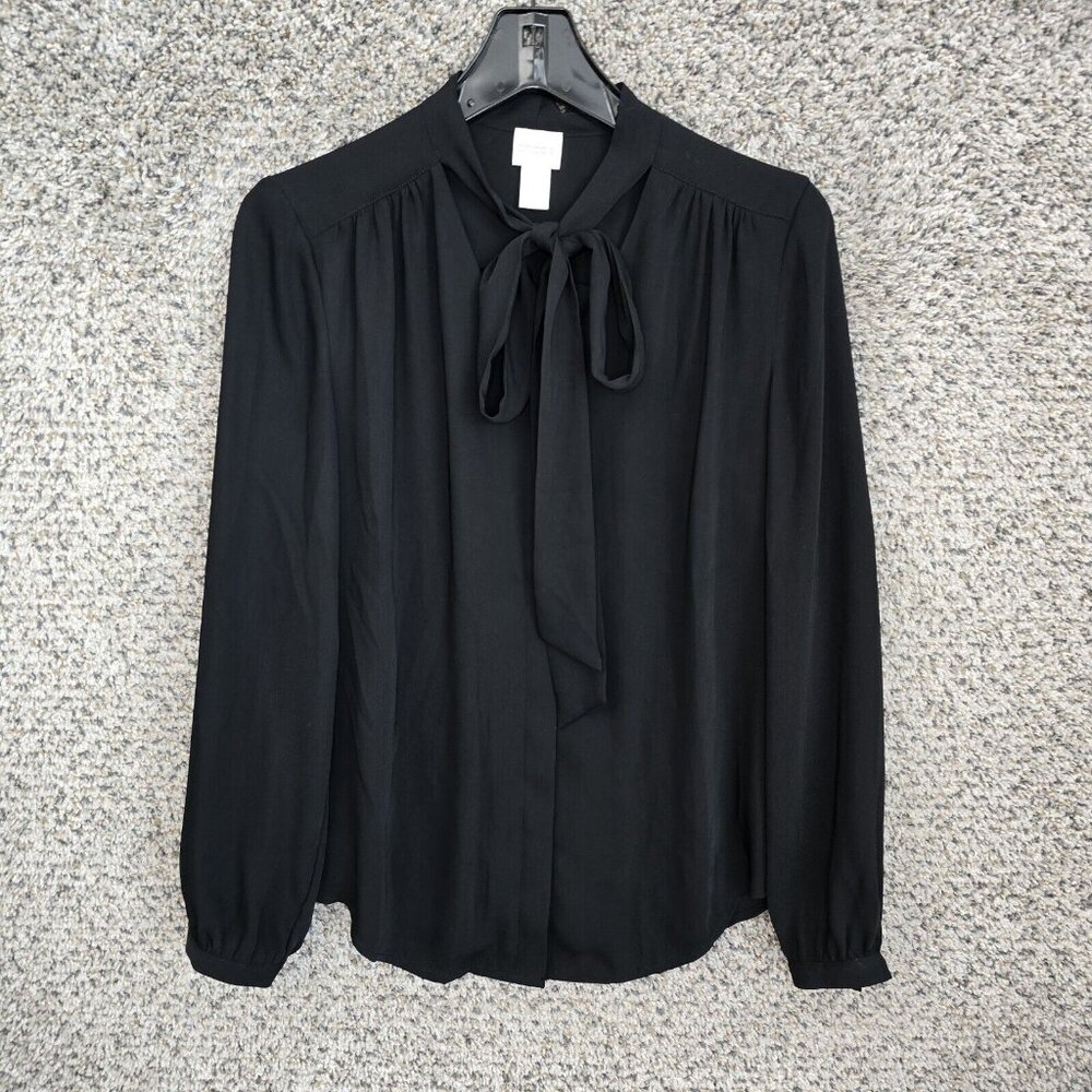 Chicos Top Womens 0 US Small Black Long Sleeve Neck Tie Blouse Casual Ladies